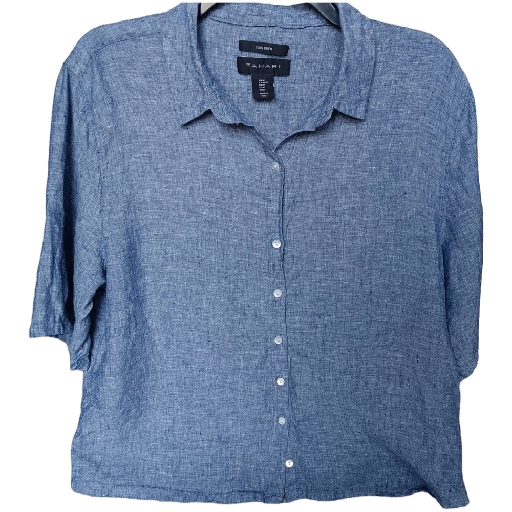 Tahari 100% linen blue button up blouse sz M